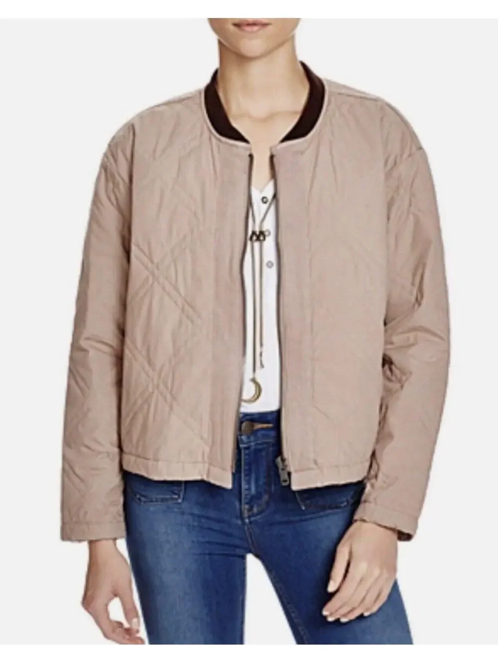 (RFB1) Free People Quilted Bomber Varsity Jacket Blush Beige L Casual Trendy